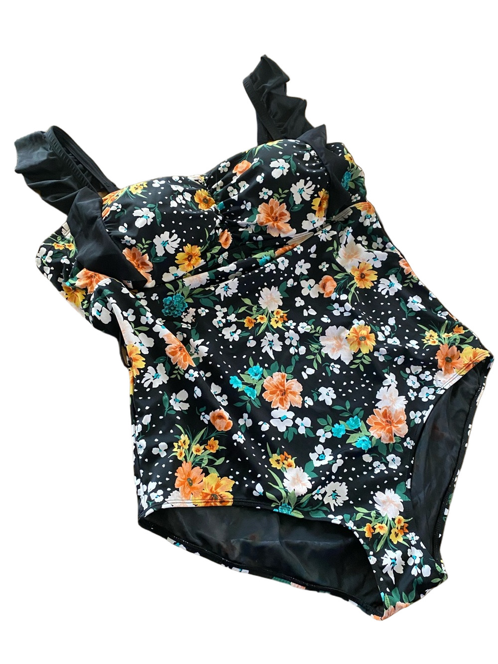 torrid Black Floral One-Piece Swimsuit with Orange & Teal Flowers